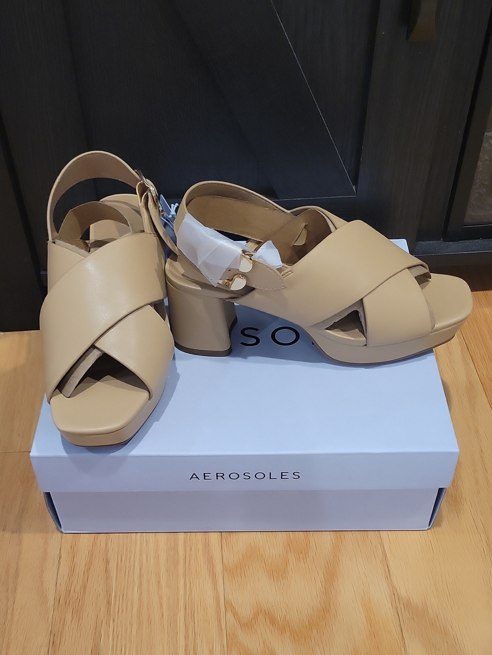 AEROSOLES Beige Cross-Strap Chunky Heel Sandals